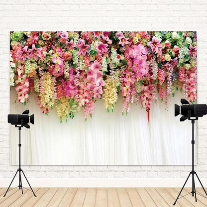 12x8ft Pink Floral Backdrop White Curtain Wedding Reception Photography Background Colorful Flowers Anniversary Bridal Shower Decorations Birthday Party Baby Shower Portrait Photo Booth Prop