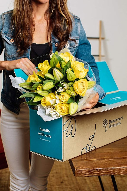 Benchmark Bouquets - Oriental Lilies & Yellow Roses (Glass Vase Included) - Fresh Flowers for Delivery - Gift for Graduation, Birthday, Anniversary, Sympathy, Get Well, Congratulations