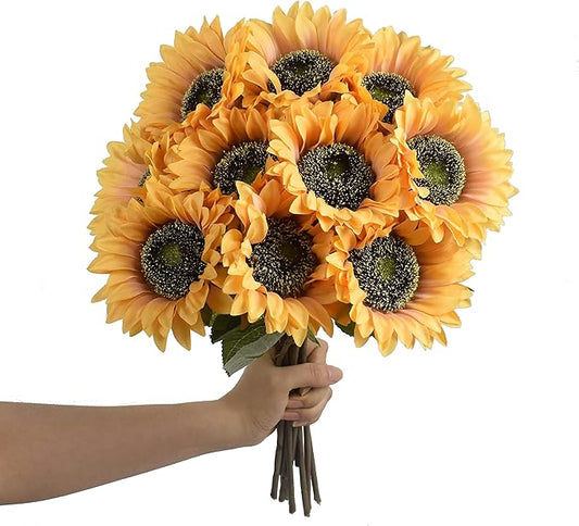 Vintage Artificial Sunflower Flowers 8 Pcs Single Long Stem Silk Fake Fall Sunflowers Bridal Wedding Bouquet Fake Yellow Flower Arrangements for Outdoor