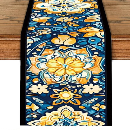 Bohemian Blue & Orange Floral Table Runner – 13x72 Inch Vintage Patterned Linen-Look Fabric, Rustic Dining Table Decor, Boho Chic Home Accent for Kitchen & Parties