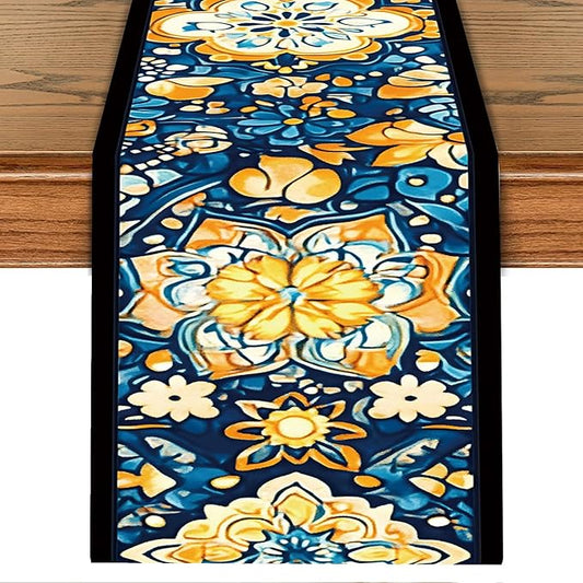 Bohemian Blue & Orange Floral Table Runner – 13x72 Inch Vintage Patterned Linen-Look Fabric, Rustic Dining Table Decor, Boho Chic Home Accent for Kitchen & Parties