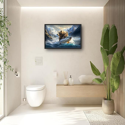Bear Fish Large Decor Framed Wall Art Mountain Pictures for Living Room, Oversized Canvas Print Painting Modern Extra Large Framed Artwork for Bedroom Office Home Decor 36"x24"