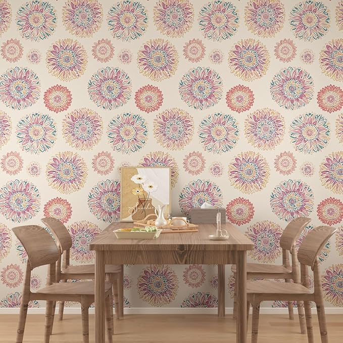 Beige Boho Wallpaper Peel and Stick, Vintage Circle Floral Contact Paper 17.5" x 393", Abstact Retro Blue/Pink Flower Wall Paper Self Adhesive Removable Waterproof for Walls Shelves Cabinet Table