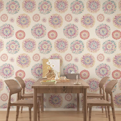 Beige Boho Wallpaper Peel and Stick, Vintage Circle Floral Contact Paper 17.5" x 393", Abstact Retro Blue/Pink Flower Wall Paper Self Adhesive Removable Waterproof for Walls Shelves Cabinet Table