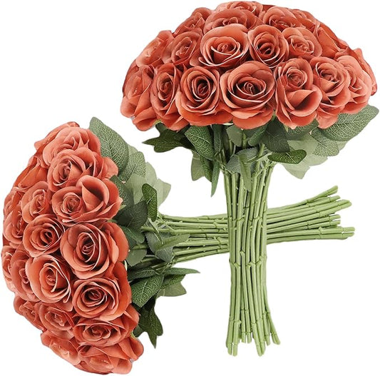 30pcs Roses Artificial Flowers Burnt Orange Fake Roses Flowers with Long Stems Silk Flowers for Wedding Bouquet Centerpices Decorations Party Bridal Baby Shower Home Decor