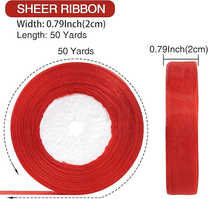 3/4 Inch x 50 Yards Sheer Organza Ribbon Chiffon Ribbon for Gift Wedding Flower Bouquet Wrapping Decorations Crafts (Red)