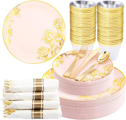 DaYammi 210Pcs Pink Gold Plastic Plates Floral Plates,Pink Disposable Dinnerware Set Includes 60 pink Plate,30 gold Plastic Silverware,30 Per Rolled Napkins,30 plastic Cups,Christmas plates for Party