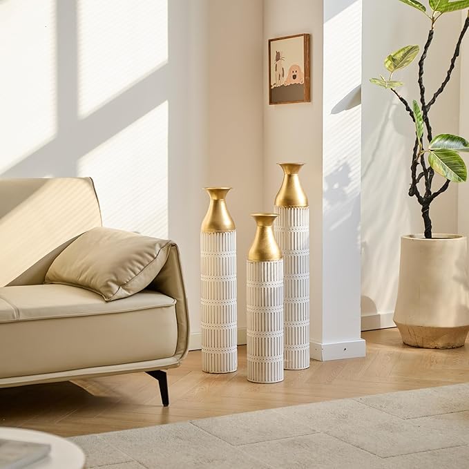 Floor Vases, Tall Home Decor Metal Vase Set of 3 Large Glazed Decorative Vases for Wedding Decor, Elegant Modern Flower Holder for Living Room, Entryway, Hallway, Dining Room