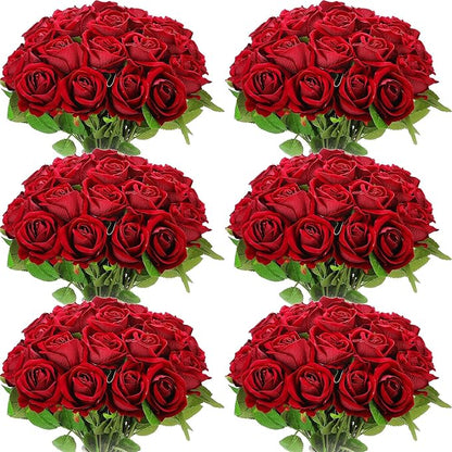Jexine 50 Pcs Artificial Rose Flower Bulk Realistic Silk Fake Roses with Long Stem Plastic Artificial Flower Bouquet Real Looking for Home Wedding Centerpieces Party Decoration(Burgundy)