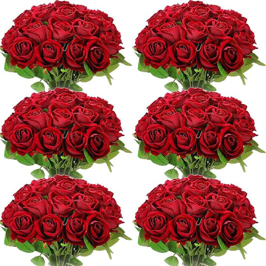 Jexine 50 Pcs Artificial Rose Flower Bulk Realistic Silk Fake Roses with Long Stem Plastic Artificial Flower Bouquet Real Looking for Home Wedding Centerpieces Party Decoration(Burgundy)