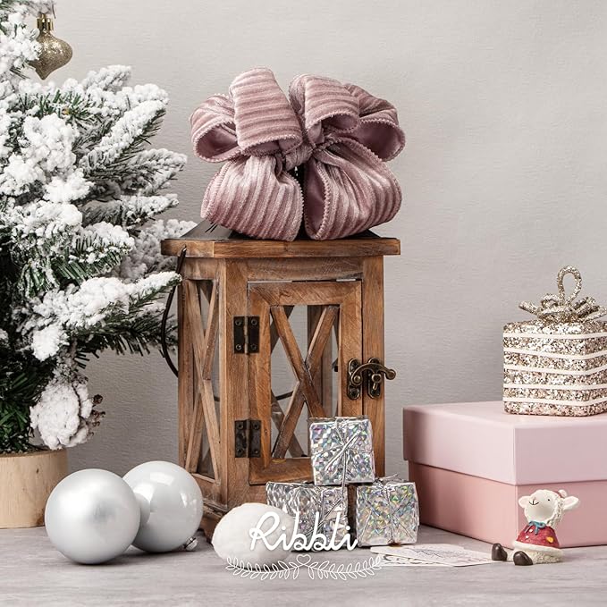 Ribbli Glossy Dusty Pink Velvet Wired Ribbon 2.5 Inch Striped Velvet Christmas Ribbon for Gift Wrapping Christmas Tree Decoration Crafts Wreaths Supplies-Continuous 10 Yards