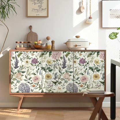 HeloHo Floral Peel and Stick Wallpaper Vintage Floral Contact Paper Boho Flower Botanical Wallpaper Removable Self Adhesive Farmhouse Wall Paper for Cabinets Bathroom Bedroom Vinyl 17.3"x78.7"