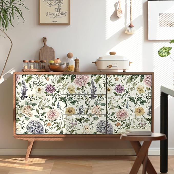 HeloHo Floral Peel and Stick Wallpaper Vintage Floral Contact Paper 17.3"x393.7" Boho Flower Botanical Wallpaper Removable Self Adhesive Farmhouse Wall Paper for Cabinets Bathroom Bedroom Vinyl