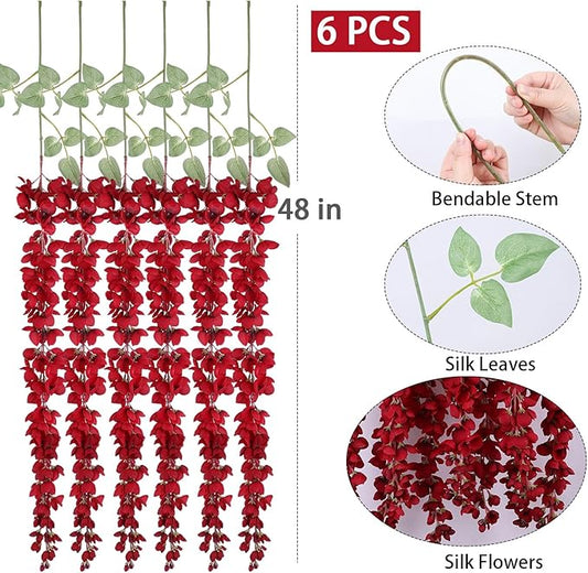 mizii 6Pcs Burgundy Wisteria Hanging Flowers 48" Silk Wisteria Artificial Flowers Garland Vines Fake Hanging Flowers Decoration for Wedding Flower Wall Backdrop Centerpieces Room Decor (Burgundy)