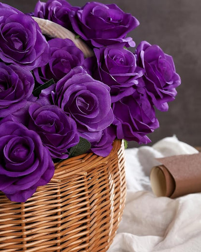 DuHouse 10pcs Fake Roses Artificial Silk Flowers Long Stems Bouquet for Arrangement Wedding Centerpiece Party Home Kitchen Decor(Dark Purple)