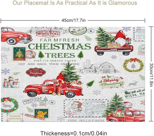 Christmas Placemats Simple Rustic Christmas Tree Red Gnome Truck Christmas Bells Gifts Wreath Snowman Greeting Card Placemats Table Kitchen Dining Party 12x18 Inch Set of 6