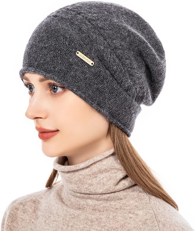 QUEENFUR Knit Slouchy Beanie Hats for Women Cashmere Ski Cap Knitted Wool Soft Warm Winter Hat