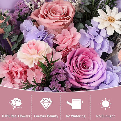 Lewondr Flower for Delivery, Preserved Flowers Bouquet, Purple Rose Bouquet, Real Long-Lasting Forever Birthday Flowers Gifts for Mom Grandma Wife Women Mothers Day Anniversary Christmas, Pink-Purple