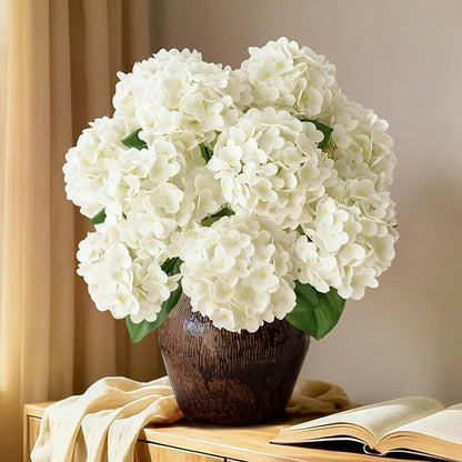 A Bunch 21in， White Real Touch Hydrangea Artificial Flowers， with 5pcs Flower Head 10pcs Leaves， Faux Hydrangea Flowers for Home Office Decor Wedding Party Arrangements (1, White)