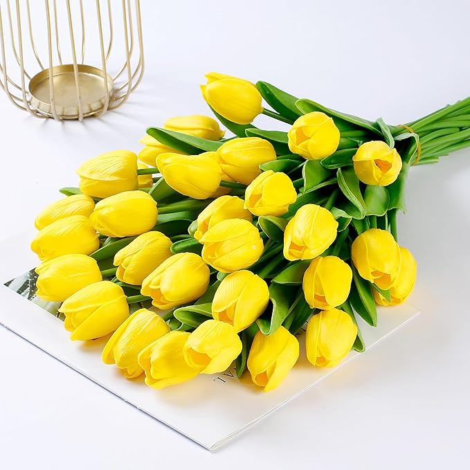 Sggvecsy 15 Pcs Fake Tulips Artificial Flowers Real Touch PU Faux Flowers Tulip Stems for Wedding Spring Bouquet Floral Arrangement Home Party Office Decorations for Mother's Day (Yellow)