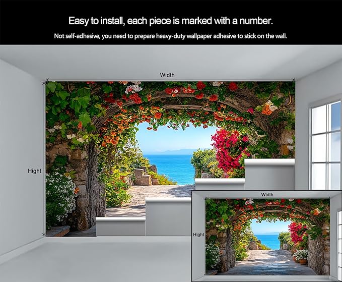 Mediterranean Arch Seaside Wall Mural, Flower Tunnel Ocean View 3D Wall Murals, Greek Island Style Wallpaper Mural, for Living Room Bedroom Large Wallpaper Indoor Decor 157.5" W x110.3 H