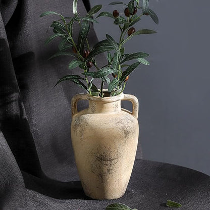 Rustic Vase for Flower, 8.85 inch Ceramic Vintage Vases with Handle, Tall Terracotta Christmas Farmhouse Vase for Home Decor, Living Room Shelf Decor, Enterway, Table, Lyeec