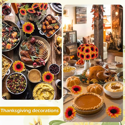 40pcs Fake Sunflower Heads with Stems, 4" Fall Sunflower Artificial Silk Flower Heads for Party Baby Shower Wedding Making Handicrafts Home Fall Decor(Fall Orange)