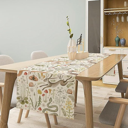Country Forest Table Runner, Wild Animal Hare Squirrel Owl Snake Snail Flowers Mushroom Print Table Runner for Spring Holiday Farmhouse Kitchen Indoor Outdoor Decoration, 13x60inch