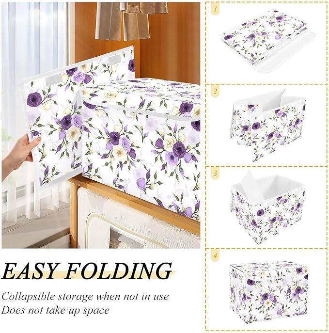 Flower Baskets Collapsible Storage Bins with Lids, Purple Green Rose Flower Storage Boxes Clothes Baskets for Organizing