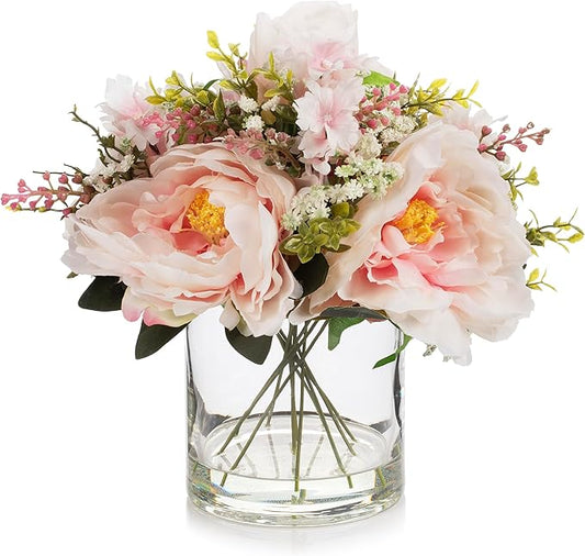 ENOVA FLORAL Artificial Silk Flower Arrangement with Vase,Mixed Artificial Silk Peony Flower in Vase for Decoration Home Office, Wedding Centerpiece (Pink)