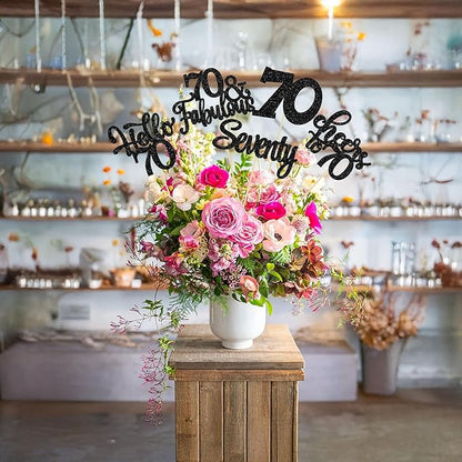 Gyufise 15Pcs 70th Birthday Centerpiece Sticks Seventy Happy 70th Table Flower Centerpieces Sticks Cheers to 70 Floral Decorations for 70th Birthday Party Centerpieces Supplies Black