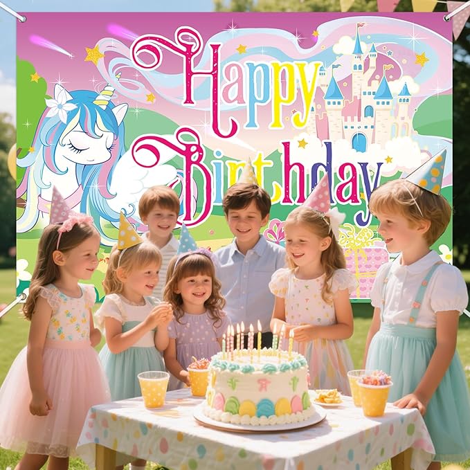 Unicorn Birthday Backdrop Banner, 150x100cm/59x39.37 Inch Happy Birthday Cartoon Theme Decoration Rainbow Unicorn Background Banner Photo Props for Party Girl Kid