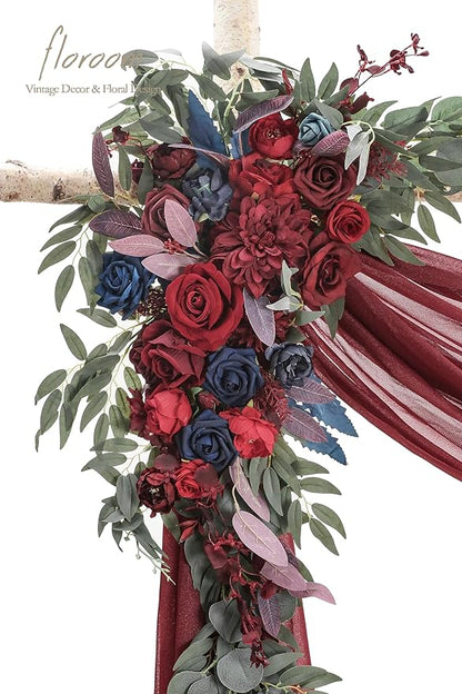 Floroom Arch Flowers with Drapes Kit (Pack of 4) - 2pcs Artificial Burgundy & Navy Blue Floral Swag Arrangement with 2pcs Draping Fabric for Wedding Ceremony Arbor and Reception Backdrop Decoration