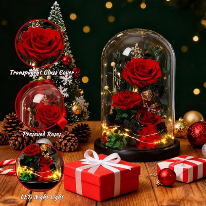 Christmas Real Preserved Flowers with LED, Red Forever Eternal Roses in Glass Dome, Gifts for Her Women Girlfriend for Birthday Anniversary, Home Decor