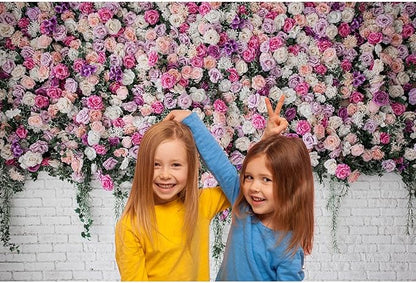 Rose Flowers Backdrop Beautiful Decorative Colorful Roses and Peonies on Brick White Wall Photography Background Interior Wedding Party Decorations Summer Flowers on Wall Building Props 7x5ft