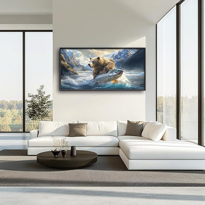 Bear Fish Large Decor Framed Wall Art Mountain Pictures for Living Room, Oversized Canvas Print Painting Modern Extra Large Framed Artwork for Bedroom Office Home Decor 60"x30"