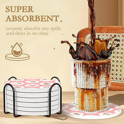 Drink Coasters,6 Pcs Shabby Chic Flower Coffee Cup Mat with Storage Holder, Durable Ceramic Coaster Set for Hot & Cold Beverages