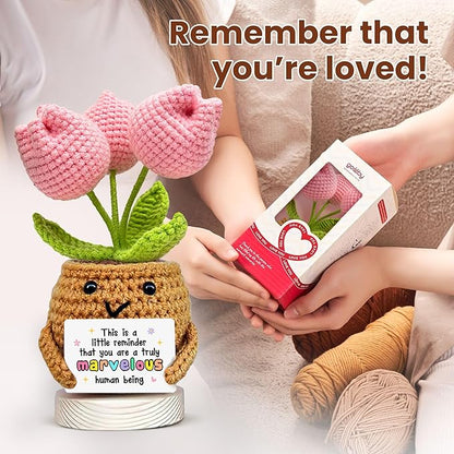 Gossby Handmade Positive Tulip Flower Crochet - This is A Little Reminder - Inspirational Gift for Women - Thank You, Appreciation, Positive Gift for Teacher, Mom, Friend, Coworker - Knitted Decor