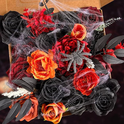 ASTRYAS Artificial Flowers Combo Orange Black Burgundy Peonies Roses Flower for DIY Wedding Bouquet Bridal Party Table Centerpieces Floral Arrangement Home Halloween Decor