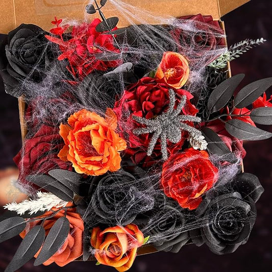ASTRYAS Artificial Flowers Combo Orange Black Burgundy Peonies Roses Flower for DIY Wedding Bouquet Bridal Party Table Centerpieces Floral Arrangement Home Halloween Decor