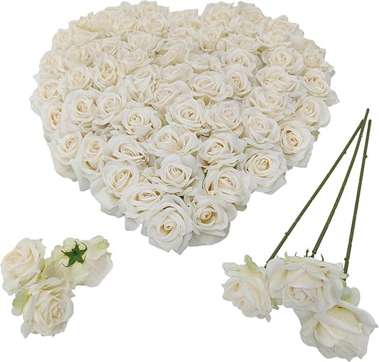 Artificial Satin Rose Flower Heads,48 Pcs Silk Rose Heads with Stems,3.3'' Rose Artificial Flowers Bulk,Artificial Rose Flower Heads for DIY Crafts Bouquet (48, Ivory)