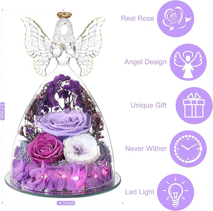 Christmas Rose Gifts for Women Preserved Real Flower in Glass Angel Figurines Roses for Delivery Prime Birthday Gifts for Mom Grandma Girlfriend Wife Her, Light Purple Austin Roses
