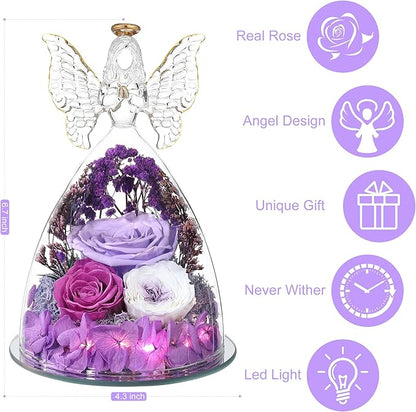Christmas Rose Gifts for Women Preserved Real Flower in Glass Angel Figurines Roses for Delivery Prime Birthday Gifts for Mom Grandma Girlfriend Wife Her, Light Purple Austin Roses