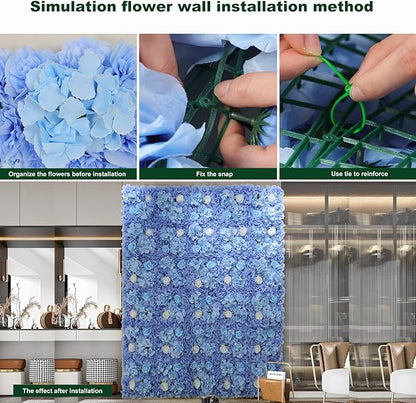 Artificial Flower Wall Panel 15*15inches -12 Pack Silk Rose Hydrangea 3D Flower Wall Décor Backdrop for Wedding Arrangement Wall Background Party Panel Decorations UV Protected Handmade -Light Blue