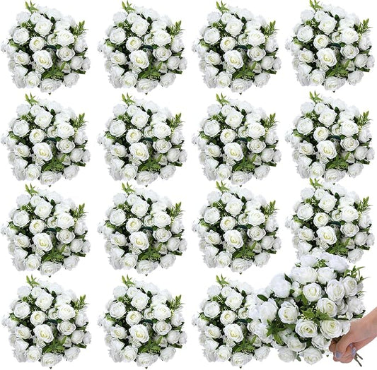 Zeyune 16 Bunches 12 Inch Artificial Mini Rose Bouquet 160 Heads Bridal Flower Bouquets Fake Silk Rose Bulk for Wedding Bridal Shower Christmas Home Office Garden Decoration(White)