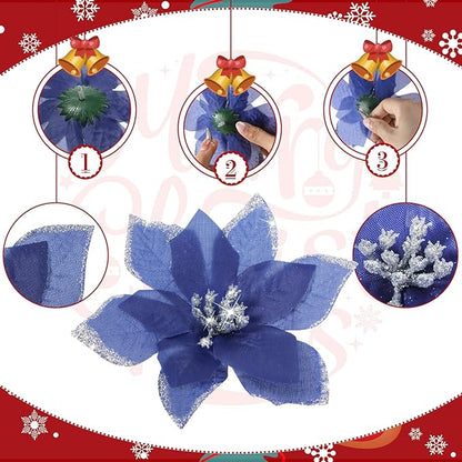 WILLBOND 24 Pcs 3 Size Poinsettia Flower Artificial Christmas Decor Glitter Poinsettia Christmas Ornaments Faux Flowers for Xmas Tree Outdoor(3.2/4/6 Inches,Navy Blue)
