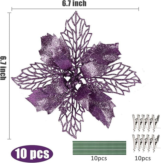 RECUTMS 10 Packs Christmas Glitter Poinsettia Flowers Artificial Christmas Flowers Decorations Wedding Xmas Tree New Year Ornaments Xmas Garland Wreath DIY Decorations Supplies(Light Purple)
