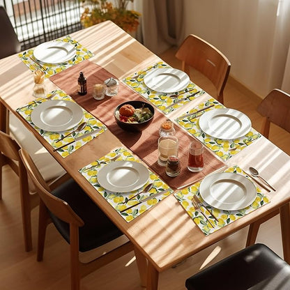 Lemon Placemats Set of 6,Washable Heat Resistant 12×18 Inch Linen Table Mats Yellow Place Mats for Party Outdoor Dining Décor