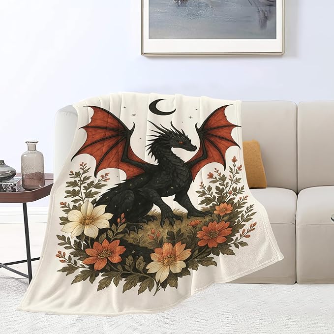 Black Dragon Blanket Floral Dragon Throw Blanket Soft Cozy Fleece Fuzzy Stuffed Plush Flannel Gifts for Girls Women Boys Kids Adults 50"X60"