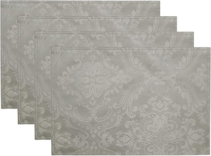 Elrene Home Fashions Caiden Elegance Damask Waterproof, Stain & Wrinkle Resistant Fabric Placemats (Set of 4), 13" x 19", Silver